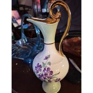 Vintage CGusa Warranted 22k Gold White And Green Pitcher Vase With Purple...
